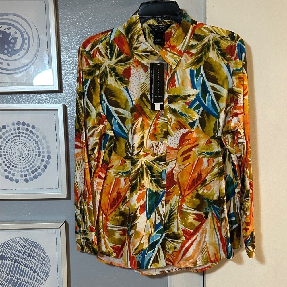 NWT Investments Women’s Petites Sz PL Palm Beach Multi Button Up Linen Blend Top